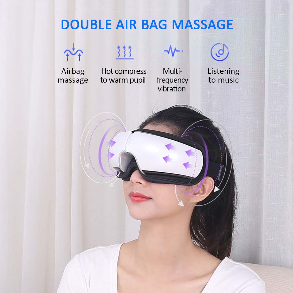 Plunea EyeRelax – Frau trägt weißes Augenmassagegerät